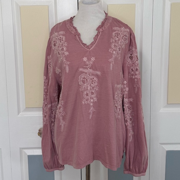 Soft Surroundings Tops - Soft Surroundings Dusty Rose Pink Embroidered Puff Sleeve Tunic Sz XL